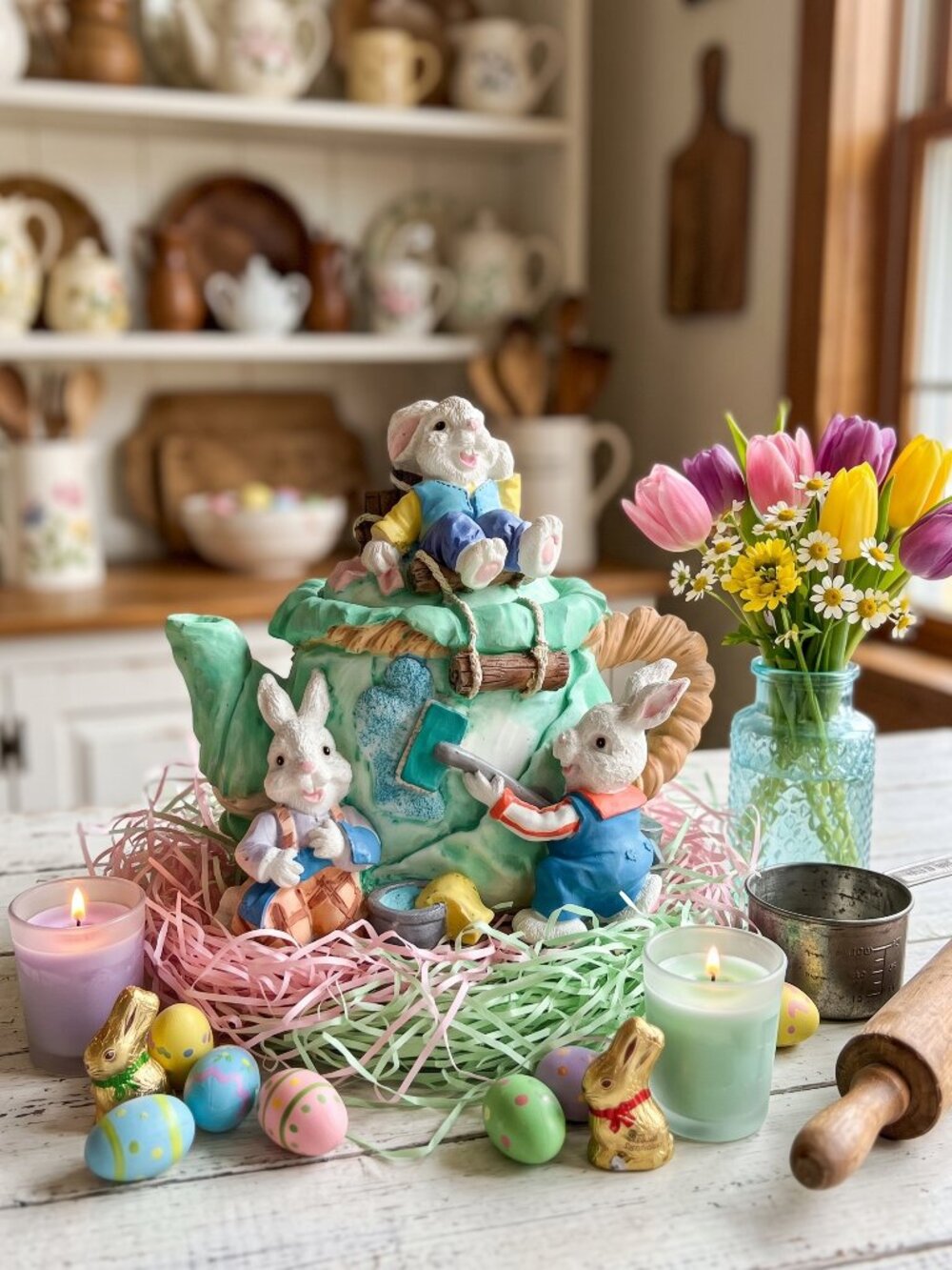 Whimsical Vintage Bunny Rabbit Teapot Figurine Resin Spring Easter Decor Cute